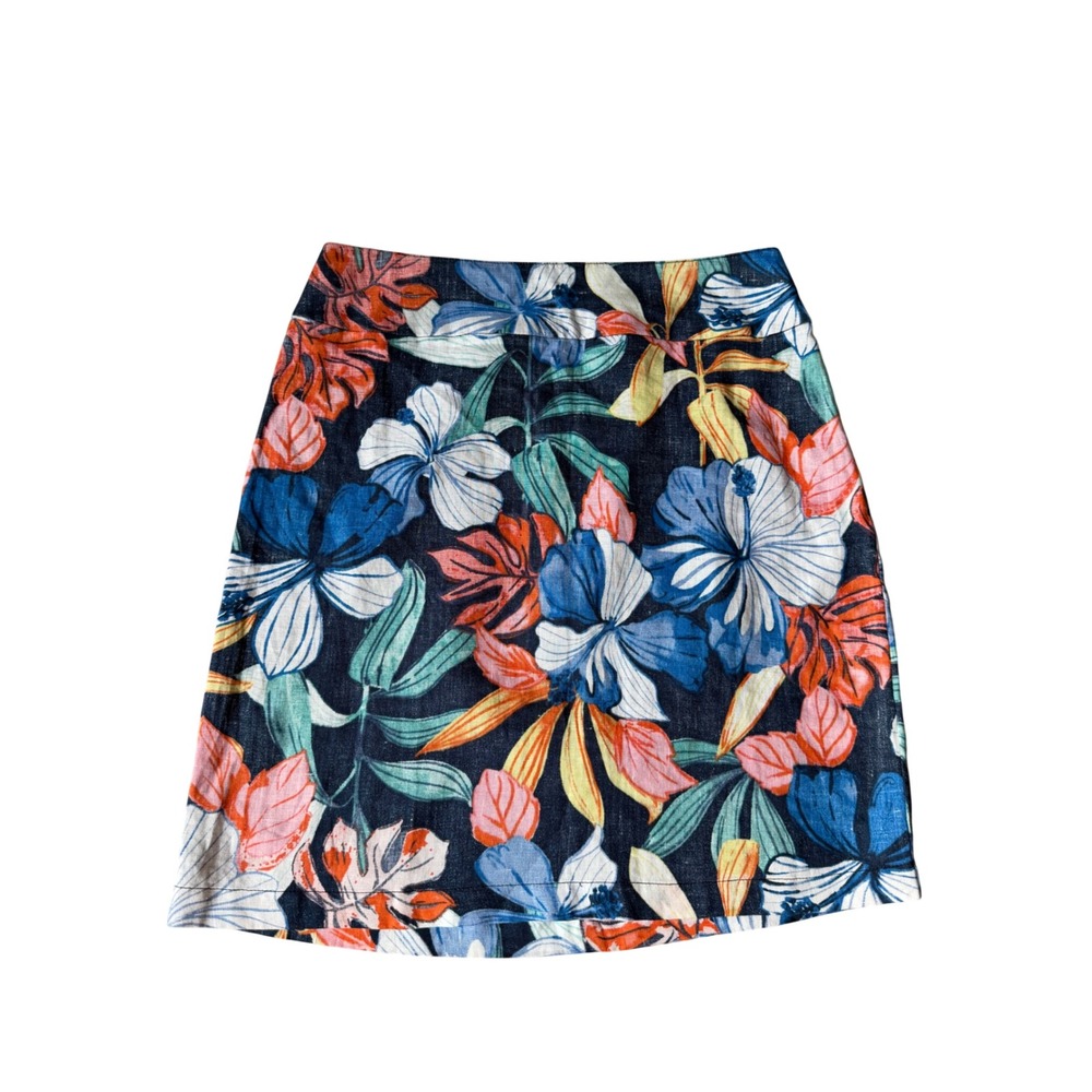 Tommy Bahama Mini Skirt Linen Tropical Hibiscus Floral Navy Blue Size 6 - Picture 2 of 9